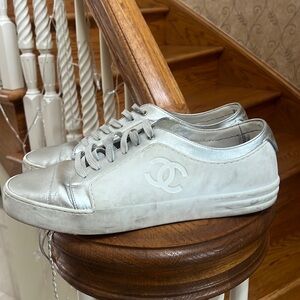 CHANEL Silver and White Sneakers